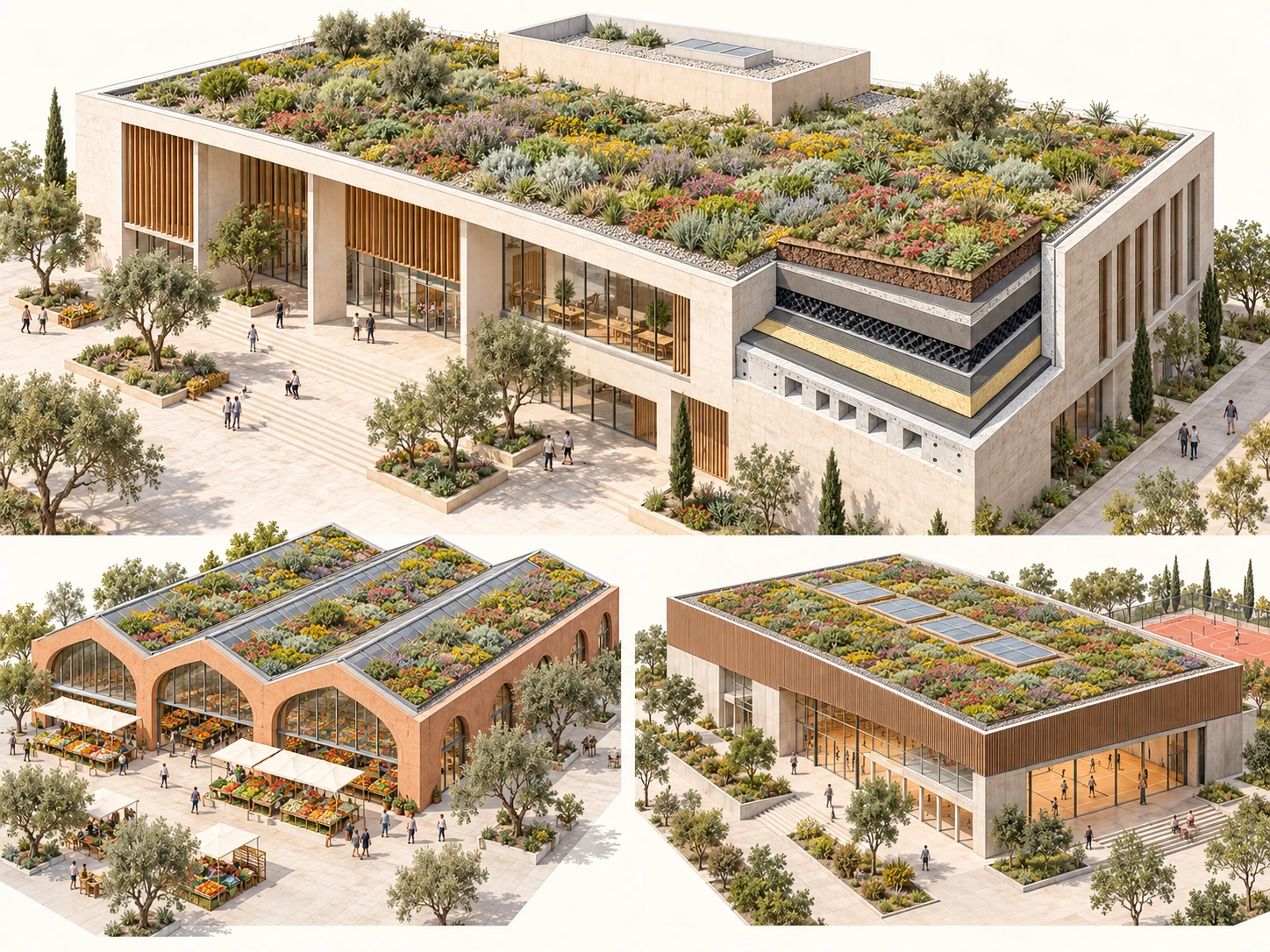 Visualización conceptual de cubiertas verdes en edificios públicos